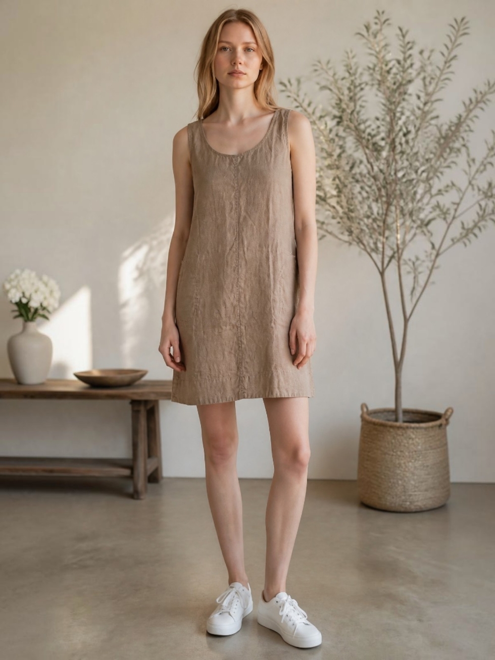 J. Jill Love Linen Sleeveless Tunic Mini Dress Neutral Taupe XS